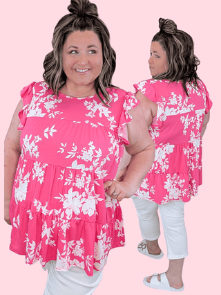 1- ShortSlv/Slvless Tops Rita Flutter Sleeve Tiered Top in Hot Pink Floral plus size clothing
