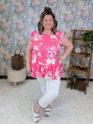1- ShortSlv/Slvless Tops Rita Flutter Sleeve Tiered Top in Hot Pink Floral plus size clothing