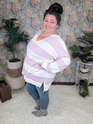 Jaclyn Lightweight Vneck Sweater in Stripes-2- Long Sleeve Tops-WHITE BIRCH-Styled by Stacked - A Plus Size Women's Boutique in Lakeville, MN