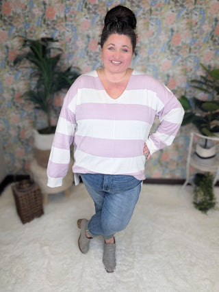 Jaclyn Lightweight Vneck Sweater in Stripes-2- Long Sleeve Tops-WHITE BIRCH-Styled by Stacked - A Plus Size Women's Boutique in Lakeville, MN