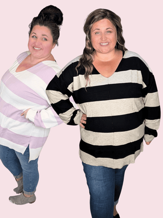 Jaclyn Lightweight Vneck Sweater in Stripes-2- Long Sleeve Tops-WHITE BIRCH-Styled by Stacked - A Plus Size Women's Boutique in Lakeville, MN