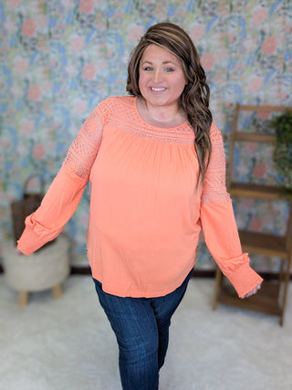 2- Long Sleeve Tops Robin Lace Accent Long Sleeve Top w/Smocked Detail plus size clothing