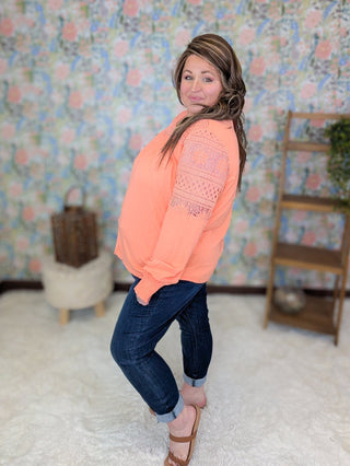 2- Long Sleeve Tops Robin Lace Accent Long Sleeve Top w/Smocked Detail plus size clothing