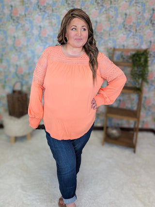2- Long Sleeve Tops Robin Lace Accent Long Sleeve Top w/Smocked Detail plus size clothing
