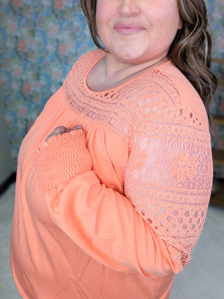 2- Long Sleeve Tops Robin Lace Accent Long Sleeve Top w/Smocked Detail plus size clothing