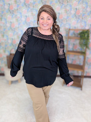 2- Long Sleeve Tops Robin Lace Accent Long Sleeve Top w/Smocked Detail plus size clothing