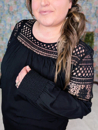 2- Long Sleeve Tops Robin Lace Accent Long Sleeve Top w/Smocked Detail plus size clothing