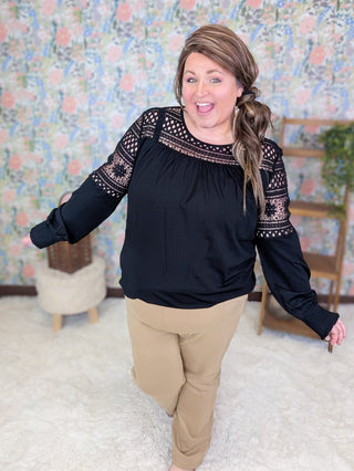 2- Long Sleeve Tops Robin Lace Accent Long Sleeve Top w/Smocked Detail plus size clothing