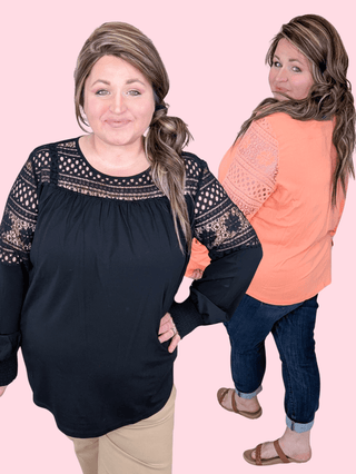 2- Long Sleeve Tops Robin Lace Accent Long Sleeve Top w/Smocked Detail plus size clothing
