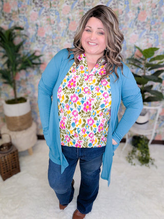Romy Gabby Button Top w/Ruched Sleeves in Bold Floral-1- ShortSlv/Slvless Tops-WHITE BIRCH-Styled by Stacked - A Plus Size Women's Boutique in Lakeville, MN