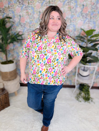 Romy Gabby Button Top w/Ruched Sleeves in Bold Floral-1- ShortSlv/Slvless Tops-WHITE BIRCH-Styled by Stacked - A Plus Size Women's Boutique in Lakeville, MN