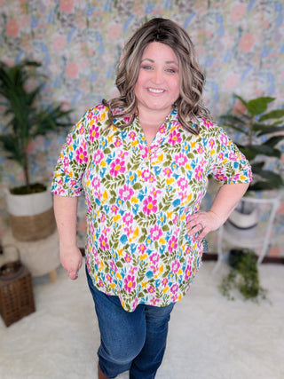Romy Gabby Button Top w/Ruched Sleeves in Bold Floral-1- ShortSlv/Slvless Tops-WHITE BIRCH-Styled by Stacked - A Plus Size Women's Boutique in Lakeville, MN