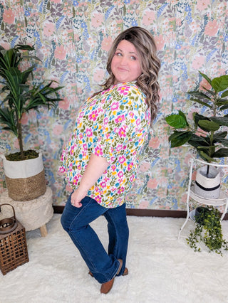 Romy Gabby Button Top w/Ruched Sleeves in Bold Floral-1- ShortSlv/Slvless Tops-WHITE BIRCH-Styled by Stacked - A Plus Size Women's Boutique in Lakeville, MN