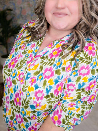 Romy Gabby Button Top w/Ruched Sleeves in Bold Floral-1- ShortSlv/Slvless Tops-WHITE BIRCH-Styled by Stacked - A Plus Size Women's Boutique in Lakeville, MN