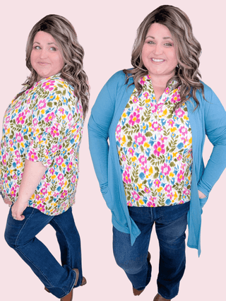 Romy Gabby Button Top w/Ruched Sleeves in Bold Floral-1- ShortSlv/Slvless Tops-WHITE BIRCH-Styled by Stacked - A Plus Size Women's Boutique in Lakeville, MN