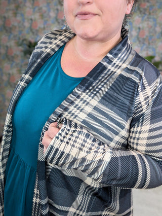 Ronnie Open Cardigan in Gray Mix Plaid-4- Overlayer Tops-HEIMISH-Styled by Stacked - A Plus Size Women's Boutique in Lakeville, MN