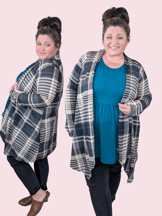 Ronnie Open Cardigan in Gray Mix Plaid-4- Overlayer Tops-HEIMISH-Styled by Stacked - A Plus Size Women's Boutique in Lakeville, MN