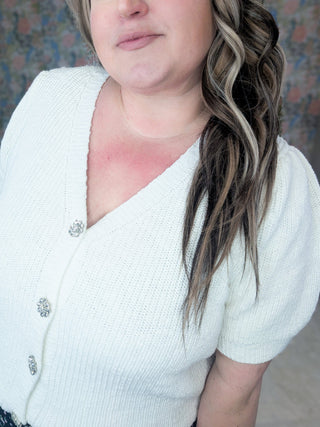 Rooney Short Sleeve Cardigan w/Embellished Buttons-4- Overlayer Tops-WHITE BIRCH-Styled by Stacked - A Plus Size Women's Boutique in Lakeville, MN