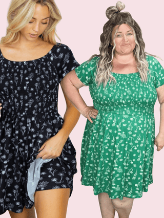 Rosemary Smocked + Sketched Floral Print Scoopneck Dress w/Shorts-11- Dress/Romp/Jump-WHITE BIRCH-Styled by Stacked - A Plus Size Women's Boutique in Lakeville, MN