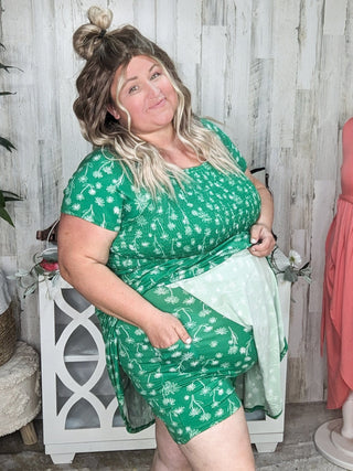 Rosemary Smocked + Sketched Floral Print Scoopneck Dress w/Shorts-11- Dress/Romp/Jump-WHITE BIRCH-Styled by Stacked - A Plus Size Women's Boutique in Lakeville, MN