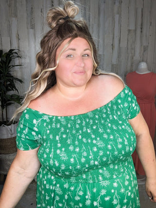 Rosemary Smocked + Sketched Floral Print Scoopneck Dress w/Shorts-11- Dress/Romp/Jump-WHITE BIRCH-Styled by Stacked - A Plus Size Women's Boutique in Lakeville, MN