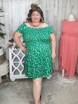 Rosemary Smocked + Sketched Floral Print Scoopneck Dress w/Shorts-11- Dress/Romp/Jump-WHITE BIRCH-Styled by Stacked - A Plus Size Women's Boutique in Lakeville, MN
