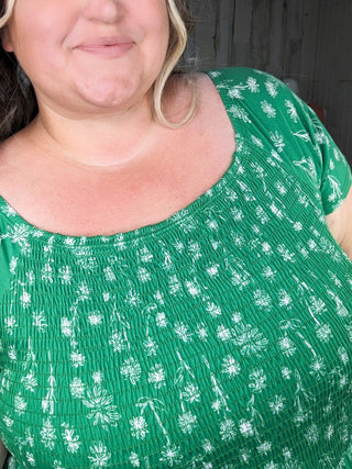 Rosemary Smocked + Sketched Floral Print Scoopneck Dress w/Shorts-11- Dress/Romp/Jump-WHITE BIRCH-Styled by Stacked - A Plus Size Women's Boutique in Lakeville, MN