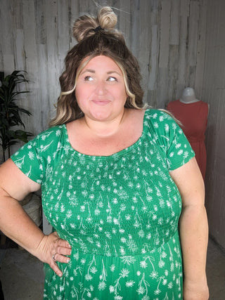 Rosemary Smocked + Sketched Floral Print Scoopneck Dress w/Shorts-11- Dress/Romp/Jump-WHITE BIRCH-Styled by Stacked - A Plus Size Women's Boutique in Lakeville, MN