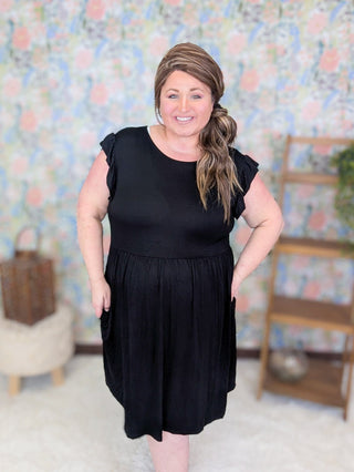 11- Dress/Romp/Jump Rosie Flutter Short Sleeve Dress in Solid Black plus size clothing
