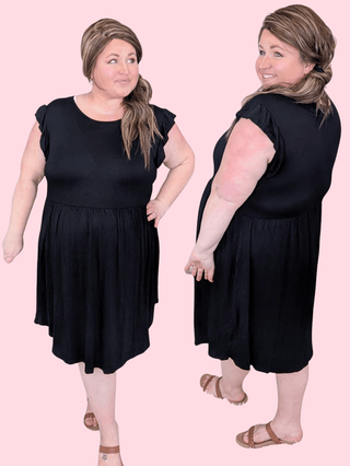 11- Dress/Romp/Jump Rosie Flutter Short Sleeve Dress in Solid Black plus size clothing