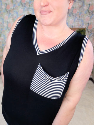 1- ShortSlv/Slvless Tops Ruby V-neck Pocket Tank w/Navy Stripes (2 Colors) plus size clothing