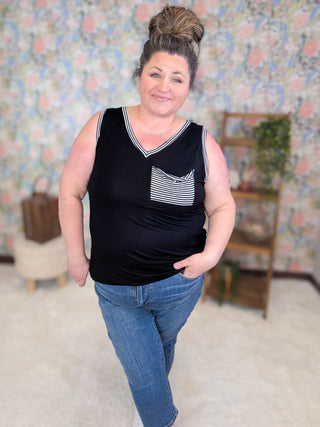 1- ShortSlv/Slvless Tops Ruby V-neck Pocket Tank w/Navy Stripes (2 Colors) plus size clothing