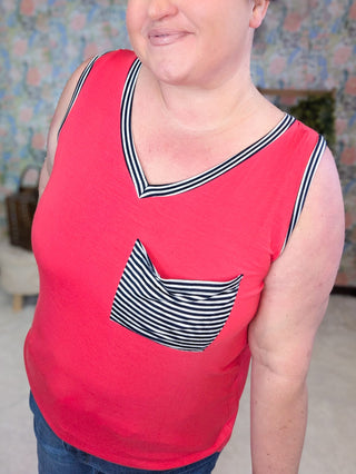 1- ShortSlv/Slvless Tops Ruby V-neck Pocket Tank w/Navy Stripes (2 Colors) plus size clothing