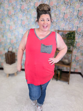 1- ShortSlv/Slvless Tops Ruby V-neck Pocket Tank w/Navy Stripes (2 Colors) plus size clothing