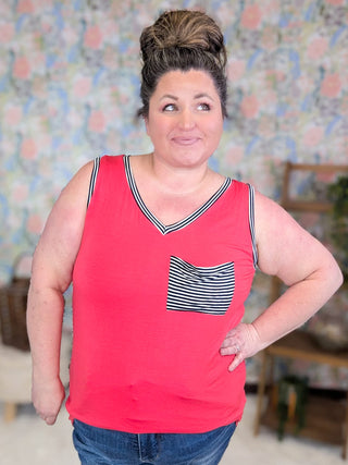 1- ShortSlv/Slvless Tops Ruby V-neck Pocket Tank w/Navy Stripes (2 Colors) plus size clothing