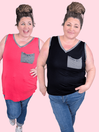 1- ShortSlv/Slvless Tops Ruby V-neck Pocket Tank w/Navy Stripes (2 Colors) plus size clothing