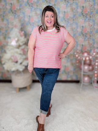 Rue Sleeveless Striped Tank w/Side Slits in Red-1- ShortSlv/Slvless Tops-WHITE BIRCH-Styled by Stacked - A Plus Size Women's Boutique in Lakeville, MN