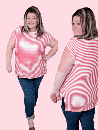 Rue Sleeveless Striped Tank w/Side Slits in Red-1- ShortSlv/Slvless Tops-WHITE BIRCH-Styled by Stacked - A Plus Size Women's Boutique in Lakeville, MN