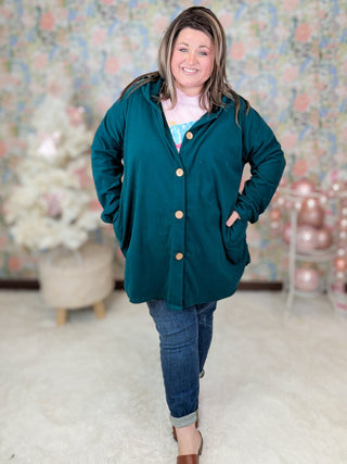 RuthAnn Buttondown Hooded Shirket in Teal Evergreen-4- Overlayer Tops-HEIMISH-Styled by Stacked - A Plus Size Women's Boutique in Lakeville, MN