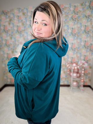 RuthAnn Buttondown Hooded Shirket in Teal Evergreen-4- Overlayer Tops-HEIMISH-Styled by Stacked - A Plus Size Women's Boutique in Lakeville, MN