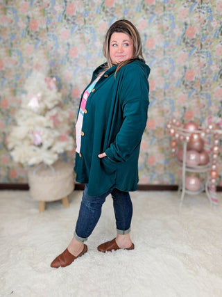 RuthAnn Buttondown Hooded Shirket in Teal Evergreen-4- Overlayer Tops-HEIMISH-Styled by Stacked - A Plus Size Women's Boutique in Lakeville, MN