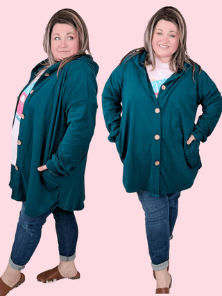 RuthAnn Buttondown Hooded Shirket in Teal Evergreen-4- Overlayer Tops-HEIMISH-Styled by Stacked - A Plus Size Women's Boutique in Lakeville, MN