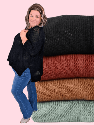 2- Long Sleeve Tops Sable Ribbon Yarn Slouchy Sweater in Solids (4 Colors) plus size clothing