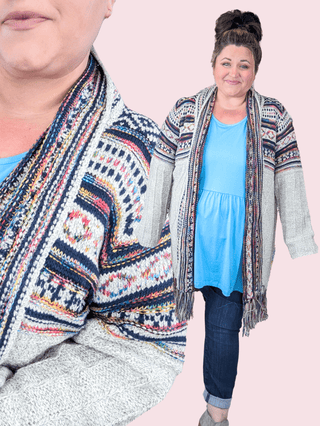 Sabrina Fringed Duster Cardigan in Gray + Navy Blend-4- Overlayer Tops-HAPTICS-Styled by Stacked - A Plus Size Women's Boutique in Lakeville, MN