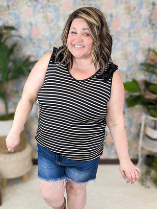 Sadie Ruffle Accent Tank in Black + White Stripe-1- ShortSlv/Slvless Tops-HEIMISH-Styled by Stacked - A Plus Size Women's Boutique in Lakeville, MN