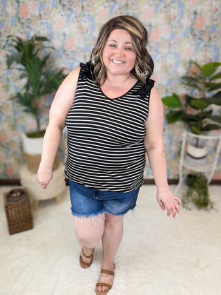 Sadie Ruffle Accent Tank in Black + White Stripe-1- ShortSlv/Slvless Tops-HEIMISH-Styled by Stacked - A Plus Size Women's Boutique in Lakeville, MN