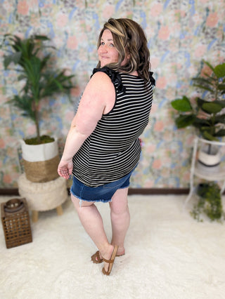 Sadie Ruffle Accent Tank in Black + White Stripe-1- ShortSlv/Slvless Tops-HEIMISH-Styled by Stacked - A Plus Size Women's Boutique in Lakeville, MN
