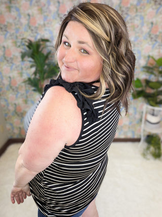 Sadie Ruffle Accent Tank in Black + White Stripe-1- ShortSlv/Slvless Tops-HEIMISH-Styled by Stacked - A Plus Size Women's Boutique in Lakeville, MN