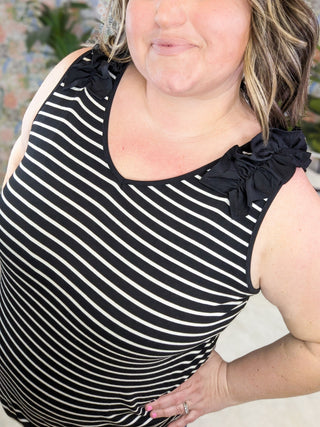 Sadie Ruffle Accent Tank in Black + White Stripe-1- ShortSlv/Slvless Tops-HEIMISH-Styled by Stacked - A Plus Size Women's Boutique in Lakeville, MN