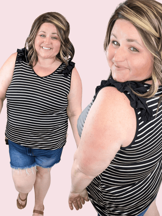 Sadie Ruffle Accent Tank in Black + White Stripe-1- ShortSlv/Slvless Tops-HEIMISH-Styled by Stacked - A Plus Size Women's Boutique in Lakeville, MN